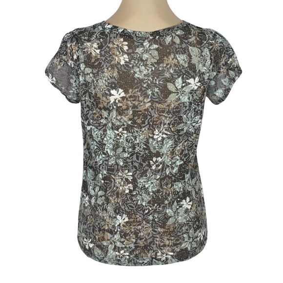Relativity Lightweight Sheer Burnout Brown & Green Floral Shirt, Petite Medium - Picture 3 of 10